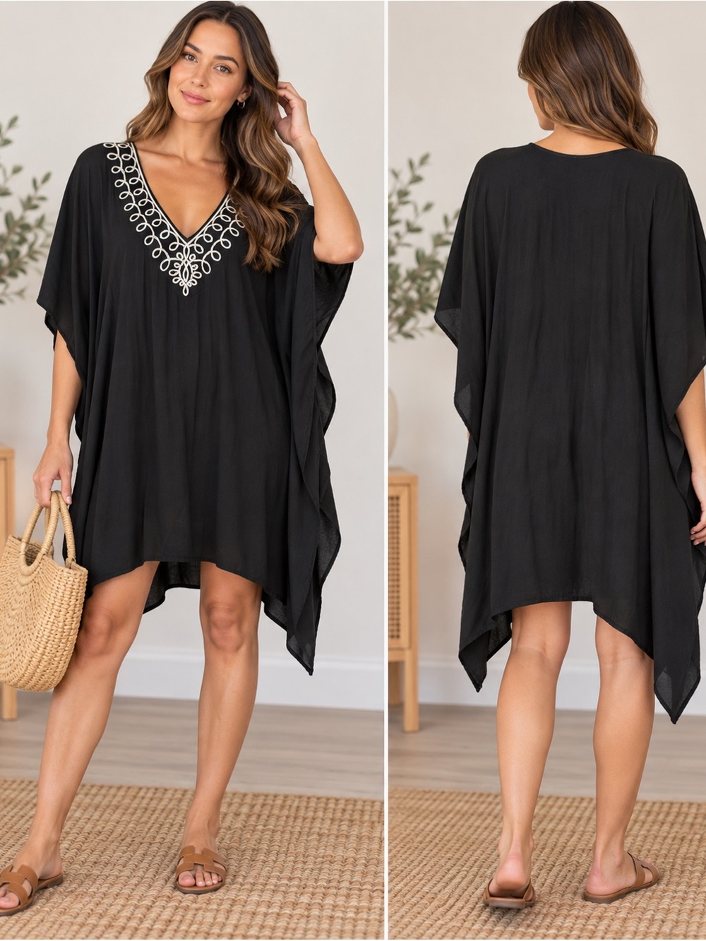 Lands' End Black Embroidered V Neck Kaftan Swim Cover Up XL